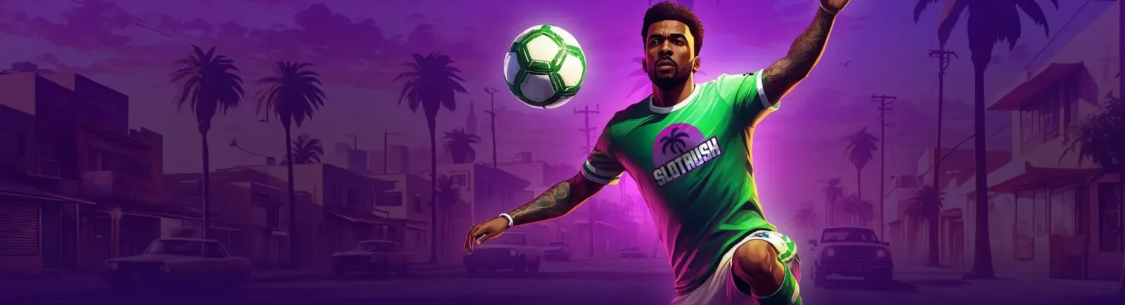 Sportbanner van Slotrush met een voetballer in een groen shirt en een voetbal als illustratie van het sportweddenschappenaanbod